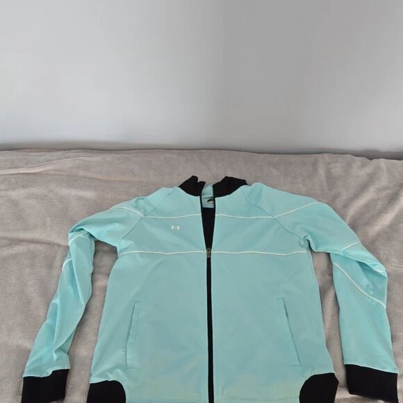 Under Armour Full Zip Jacket Womens Medium Light Blue Black Trim Stretch 204 - Picture 7 of 8